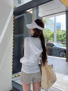 Women's Slouchy Striped Zipper Long Sleeve Hooded Cover Up Jacket, Summer Versatile Casual Sun Protection Cover-Up Top - Sky Blue - View 4