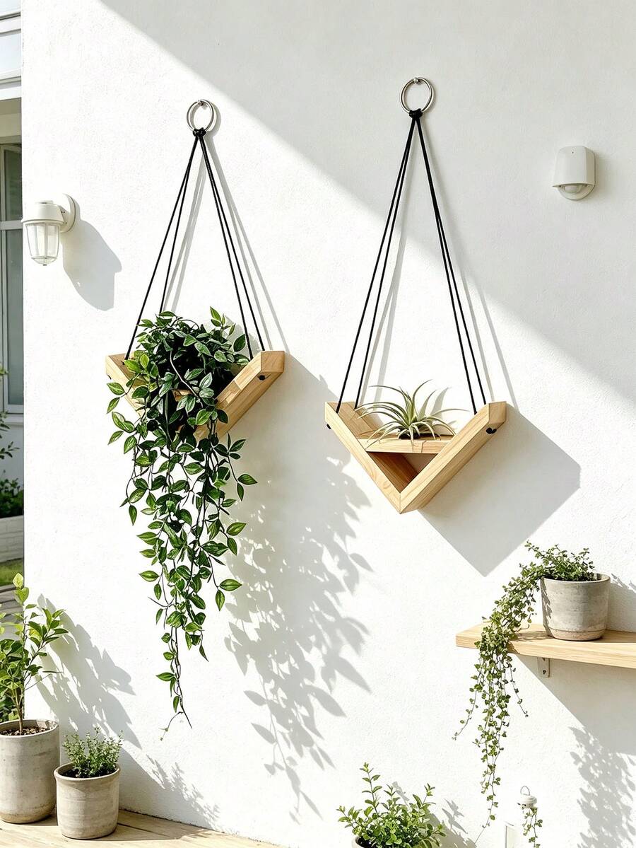 Estanterías colgantes de cuerda, estanterías de plantación de madera rural, estanterías de almacenamiento colgantes, decoraciones de pared creativas de madera - Ver 1