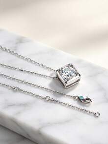 1pc 5 Carat Square Inlaid Round Moissanite Pendant Necklace, S925 Sterling Silver Women's Single Diamond Necklace, Exquisite Adjustable Cable Chain, Birthday Anniversary Valentine's Day Minimalist Jewelry Gift - Style a - White - View 5
