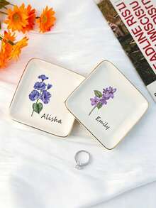Custom Birthday Flower & Name Ceramic Jewelry Dish, Personalized Gold Rim Ring Holder Tray, Customized Gift For Women And Bridesmaids - White - View 3