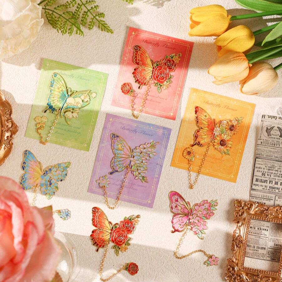 Vintage Minimalist Butterfly Metal Bookmark, Elegant Exquisite Student Reading Page Clip, Creative Reward Gift - Butterfly and Flower - View 1