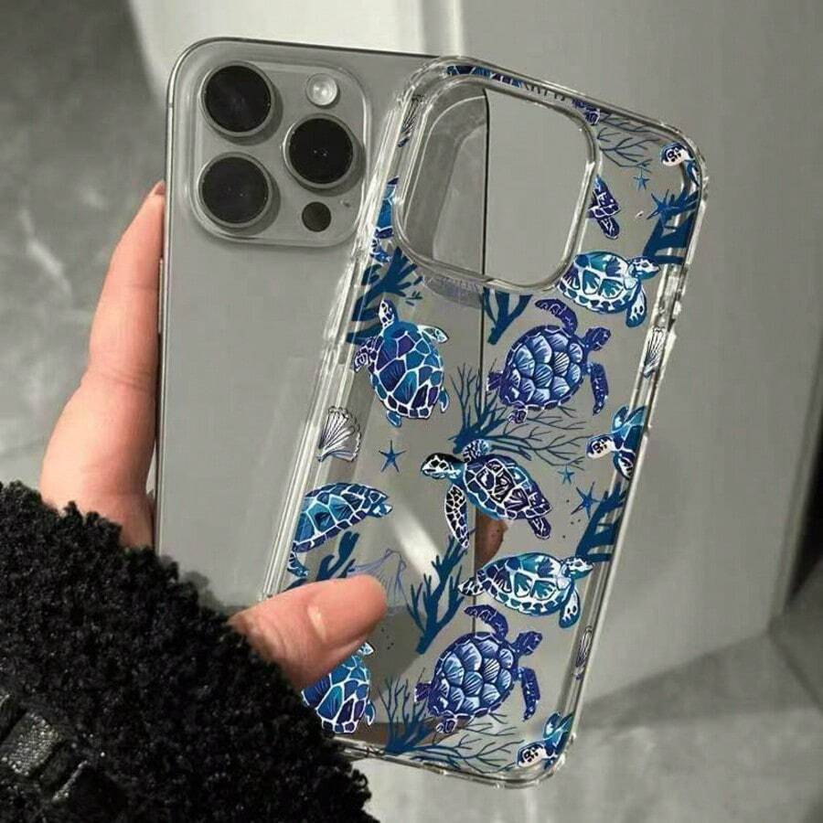 1pc Full Screen Turtle Transparent Large Hole Phone Case Compatible With Apple 17 Pro Max/16/15/14/13 Pro - Blue - View 1