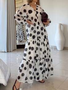 2pcs White & Black Polka Dot Print: V-Neck Sheer Puff Sleeve Top And Layered Ruffle Hem Maxi Skirt - Black and White - View 4