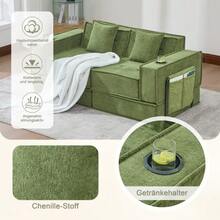 Sofá cama doble moderno con un cómodo sofá de tela de dos plazas y dos cojines. Un elegante reposapiés decorativo con espacio de almacenamiento lateral y portavasos, ideal para rincones de lectura, salas de juegos, etc. - Verde - Ver 2