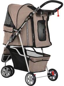 PawHut Hundewagen Hundebuggy klappbar für Hunde & Katzen bis 10 kg Katzenbuggy mit Kissen Netzfenstern Getränkehalter Aufbewahrungstasche Katzenwagen Buggy Dunkelgrau RCQT - Kaffeebraun - Übersicht 9