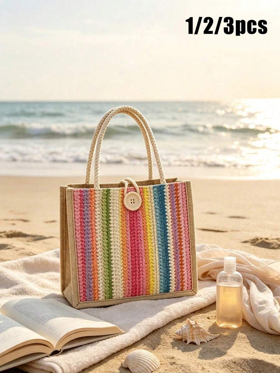 1/2/3 buah Tas Tote Linen Bergaris Pelangi, Polos, Dapat Digunakan Kembali, Cocok untuk Desain Kustom DIY, Sempurna untuk Pernikahan, Acara Perusahaan, Musim Kembali ke Sekolah - MultiWarna - View 1