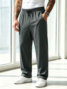 Plus Size Men's Summer Lightweight Sports Casual Straight Leg Pants With Drawstring Design, Versatile Streetwear - Dark Grey - View 2