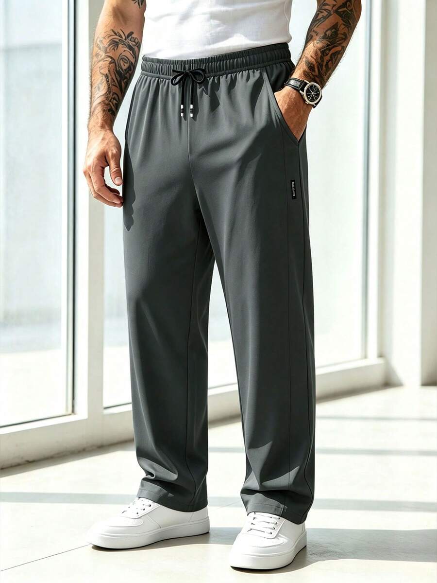 Plus Size Men's Summer Lightweight Sports Casual Straight Leg Pants With Drawstring Design, Versatile Streetwear