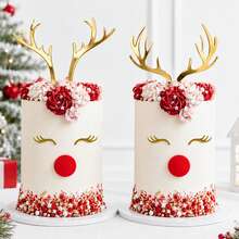 1Set/2Sets Gold Mirror Acrylic Reindeer Antler Cake Topper, Christmas Rudolph Eyes Cake Decor, Xmas Party Cake Decorations - Multicolor - View 2