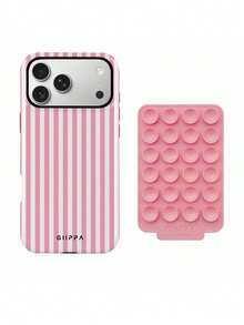 GIIPPA 1 Set Pink Striped Pattern Phone Case + Pink Suction Cup, Phone 17 Pro Max Phone Case, Compatible With Phone 16 Pro Max, 15 Pro Max, 14 Pro Max, Korean Style High-End Fashion Fun Phone Case, Compatible With 11/12/13/14/15/16 Pro Max Plus, Elegant Design Suitable For Men And Women, Perfect Gift For Girlfriend! - Pink - View 3