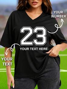 Custom Oversized V Neck Tee With Varsity Graphic, Personalized Gift T-Shirt. Customize Your Unique Lucky Number & Custom Text, Add Exclusive Words - Black - View 5