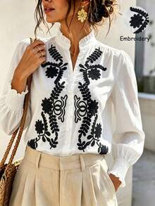Women's White Floral Leaf Embroidered Stand Collar Long Sleeve Button Front Ruffle Cuff Shirt For Casual Vacation Home Holiday Spring Autumn Winter - White - View 6