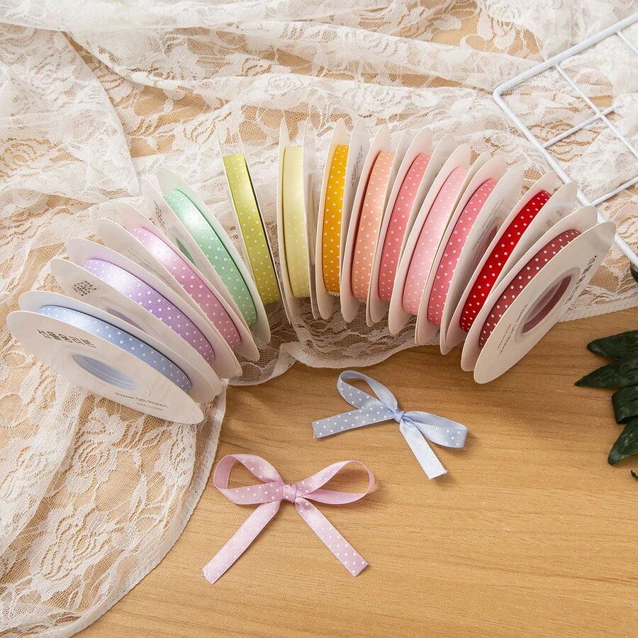 10 Yards 1cm Wide Polka Dot Ribbed Satin Ribbon, Multiple Colors Available, Suitable For Handmade DIY, Wedding Decoration, Daily Home Decor, Bow Tie Binding, Gift Wrapping Tape (No Paper Spool) - Multicolor - View 1