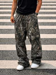 Zrgoth Men's Jungle Camo Gothic Font Print Loose Wide Leg Pants, Hip Hop Street Casual Long Pants - Black - View 2