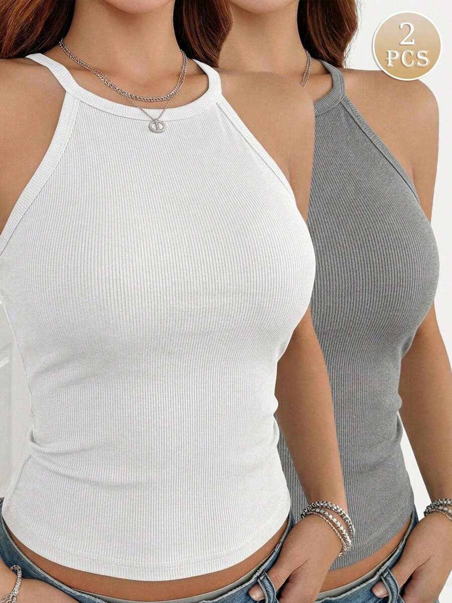 2 piezas de camisetas básicas sin mangas con cuello halter de unicolor para mujer, ajuste regular - Multicolor - Ver 1