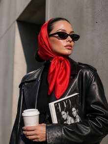 1pc Soft Solid Color Minimalist Polyester Silk-Like Square Scarf, Headband, Hairband, Suitable For Styling - Red - View 4