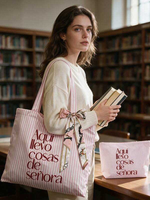"I Carry Women's Things" Spanish Striped Tote Bag 2-Piece Set, Pink & White Striped + Silk Scarf Bow, Vintage Silk Scarf Bow Decor, Large Capacity Tote Bag Fits Books, Daily Essentials, Suitable For Commuting, School, Shopping; Makeup Bag Stores Cosmetics, Stationery And Other Small Items, Suitable For French, Gentle Style Outfits, Daily Commuting, Vacation Travel, Fitness, Picnic, Business Trip, Business, School, Work, Cruise Essential, Summer Gift, Back To School Gift