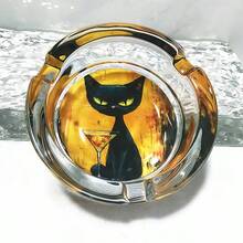 Oil Painting Black Cat Creative Pattern Glass Ashtray, 3.34 Inch Round Ashtray, Decorative Ornament Ashtray, Gift For Friends - Oil Painting Black Cat - View 2