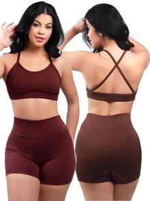 Work Fitness Kit 2 Set Backless Cross Strap Top And Basic Premium Shorts - Marrón y Burdeos - Ver 1