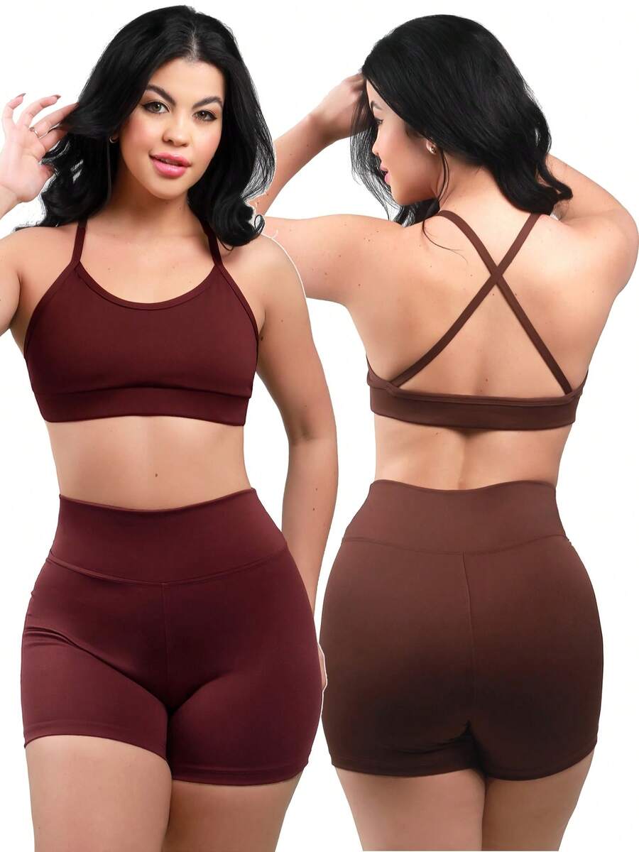 Work Fitness Kit 2 Set Backless Cross Strap Top And Basic Premium Shorts - Marrón y Burdeos - Ver 1