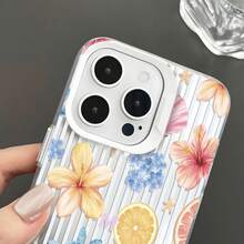 1pc Summer Vacation INS Style Transparent Bottom Gray & White Vertical Stripe Watercolor Hibiscus Orange Slice Blue Turtle Starfish Shell Phone Case Fresh Tropical Beach Girl Aesthetic Full Coverage Anti-Drop Soft Shell Compatible With IPhone17/17Pro/17ProMax/16/16Plus/16ProMax/16e/15ProMax/11/12/12Pro/12ProMax/13/13Pro/13ProMax/14/14Pro/14ProMax - White Frames, Matte White - View 5
