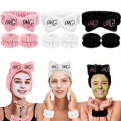 3pcs Bowknot Decor Bathroom Headband And Wristband Set, Modern Black Polyester Bathroom Hairband Lace And Wristband Set, Suitable For Bathroom, Gym, Sports Headband, Sweatband, School Supplies, College Supplies, Autumn/Winter Hairband Hair Accessories, Suitable For Women's Vacation Outfit, Elegant Scarf, Soft Headband