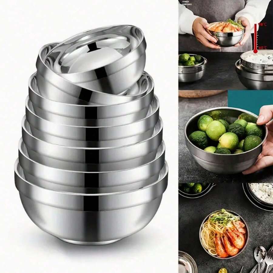 5件組不鏽鋼拋光碗，日式湯碗、飯碗，可堆疊，耐用且易清洗，日常用餐碗，食物碗 - 銀色 - 查看 1