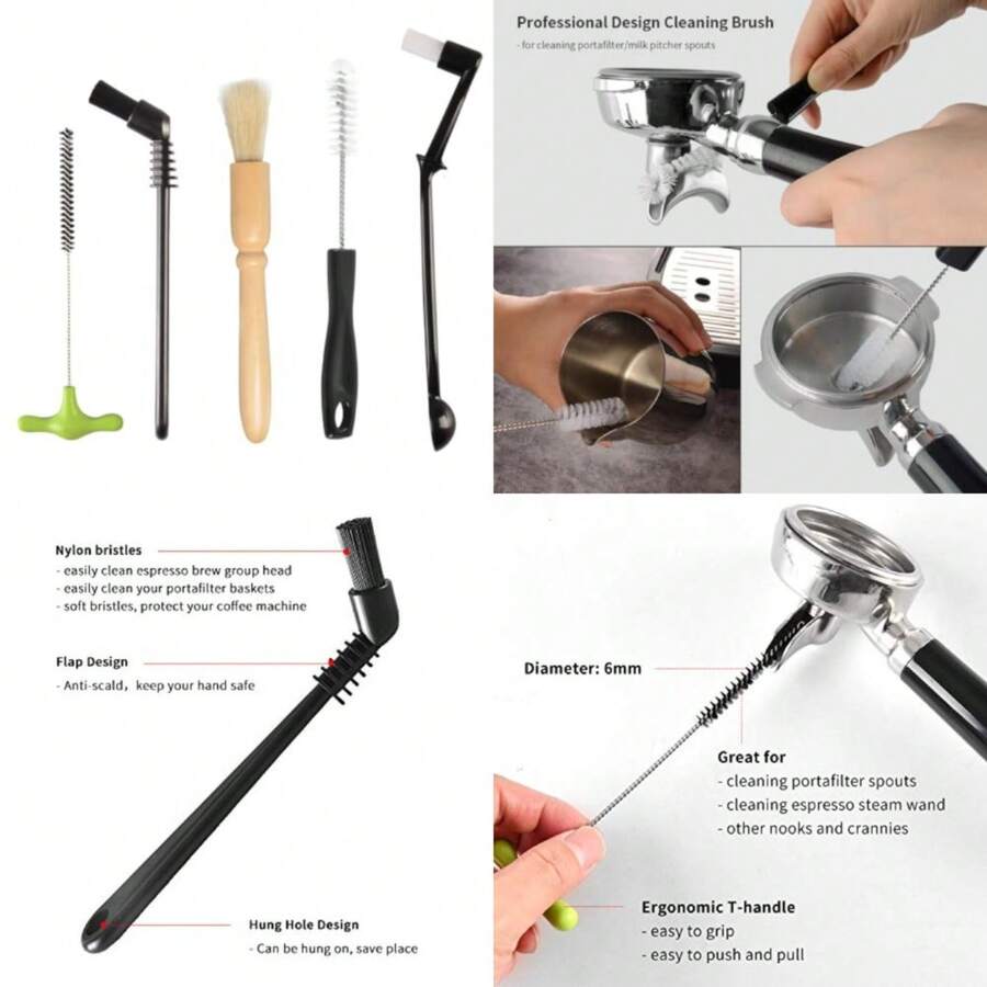 Espresso Machine Cleaning Brush Set - 5 Pieces Coffee Cleaning Brush Natural Bristles Wooden Brush For Coffee Grinder And Nylon Brush For Espresso Machine Cleaning - Black - View 1