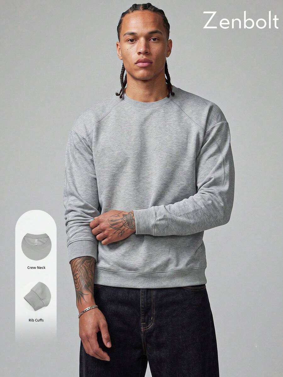 Sudadera de cuello redondo de unicolor Zenbolt Daily, diseño de manga raglán, ribete acanalado, tela suave y lisa, ajuste holgado, creando un look minimalista para el día a día - Gris - Ver 1