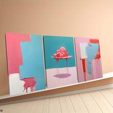 3pcs Modern Abstract Colorful Canvas Art Set - Pink, Blue, And White Geometric Designs With Wooden Frame - Ideal For Bedroom, Living Room, Or Office Decor, Living Room Art | Minimalist Artwork | Wooden Frame Art, Canvas Wall Art - Framed - View 4
