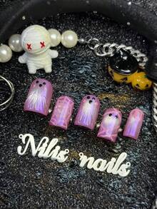 10 pièces Ongles carrés entièrement recouverts faits à la main, ongles à coller, motif œil de chat rose pastèque argenté fantôme & toile d'araignée, faux ongles d'Halloween, réutilisables, convenant pour les fêtes, le quotidien, le cosplay, avec colle gelée et lime à ongles, jolis ongles de fête pour les filles - Rose orangé - Voir 5