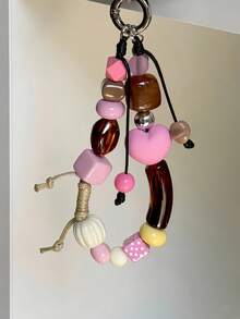 Acrylic Beaded Phone Lanyard, Oval Alien Design, Phone Chain, Vintage Korean Style, Phone Charm, Keychain, Bag & Earphone Pendant, Accessory - Pink Brown - View 2