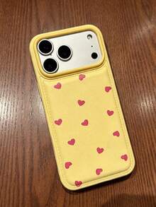 Full Screen Small Heart Leather Luxury Yellow Shockproof Fashion Phone Case, Compatible With IPhone 17 Pro Max, 16 Pro Max, 17 Pro, 16, 17, 16promax, 15, 14, 13 Pro Max, 17 Air, Litchi Texture Faux Leather Anti-Drop Case, Cute Back Cover, Spring Gift, Party Birthday Gift - Yellow - View 3