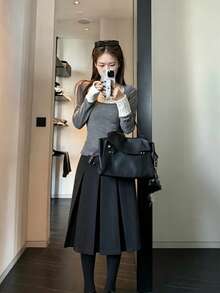 Autumn/Winter Elegant Casual Round Neck Clever Design Sweet Elegant Long Sleeve Base Layer Versatile Top - Grey - View 4
