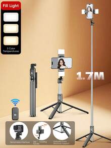 170cm Bluetooth Remote Control Alloy Selfie Stick With LED 3-Color Fill Light, Suitable For Video Shooting And Daily Life Recording. Telescopic, 360° Rotation, Anti-Shake, Foldable And Portable For Handheld Or Tripod Selfie Stick. Compatible With Various Devices, An Ideal Choice For Outdoor Photography And Video Shooting. - Multicolor - View 2