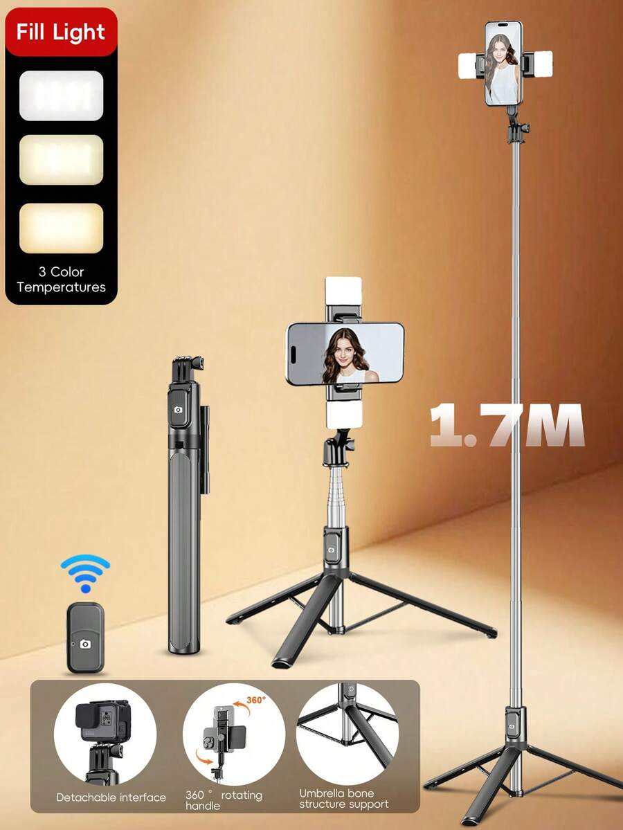 170cm Bluetooth Remote Control Alloy Selfie Stick With LED 3-Color Fill Light, Suitable For Video Shooting And Daily Life Recording. Telescopic, 360° Rotation, Anti-Shake, Foldable And Portable For Handheld Or Tripod Selfie Stick. Compatible With Various Devices, An Ideal Choice For Outdoor Photography And Video Shooting.
