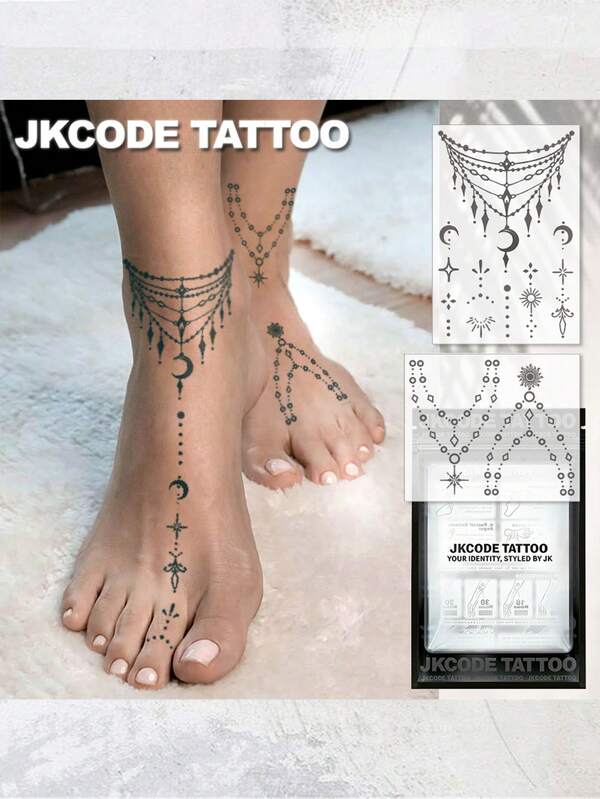 JKCODE TATTOO Kit de 2 piezas de tatuajes semipermanentes | Brazalete de estrella y luna, diseños elegantes con cuentas para mano y tobillo, tatuajes falsos realistas a prueba de agua, botánicos, tatuajes mágicos, duran 1-2 semanas, tatuajes de Ramadán para mujeres, regalo perfecto