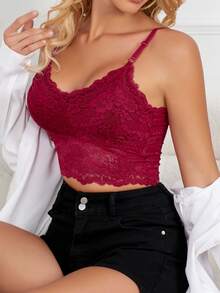 Women's Bra Tank Top, Removable Pads, Wire-Free Bra, Solid Color Lace Bra, Breathable Top, Sports Bra - Red - View 6