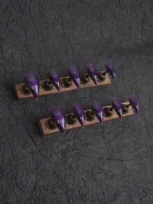 10片裝 25mm 獨特個性化復古街頭風簡約休閒優雅日常精緻甜美可愛純紫色手工短款貓爪壓貼式假指甲套組，適合女孩與女性，讓妳更迷人 - 紫色 - 查看 11