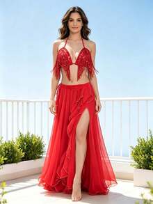 Sequin Fringe Halter Crop Top Chiffon High Slit Long Dance Maxi Skirt (Multiple Colors Available) - Multicolor - View 9