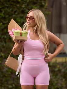 Y2K Pink Halter Ribbed Romper - Contrast Trim Tight Fit Fitness Set - Pink - View 3