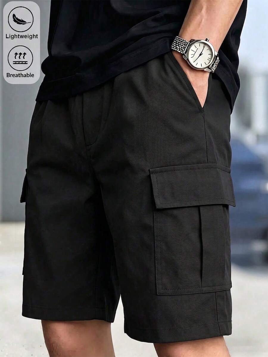 青少年男孩多口袋工裝短褲,寬鬆版型運動休閒穿搭,春夏秋經典百搭款 - 黑色 - 查看 1