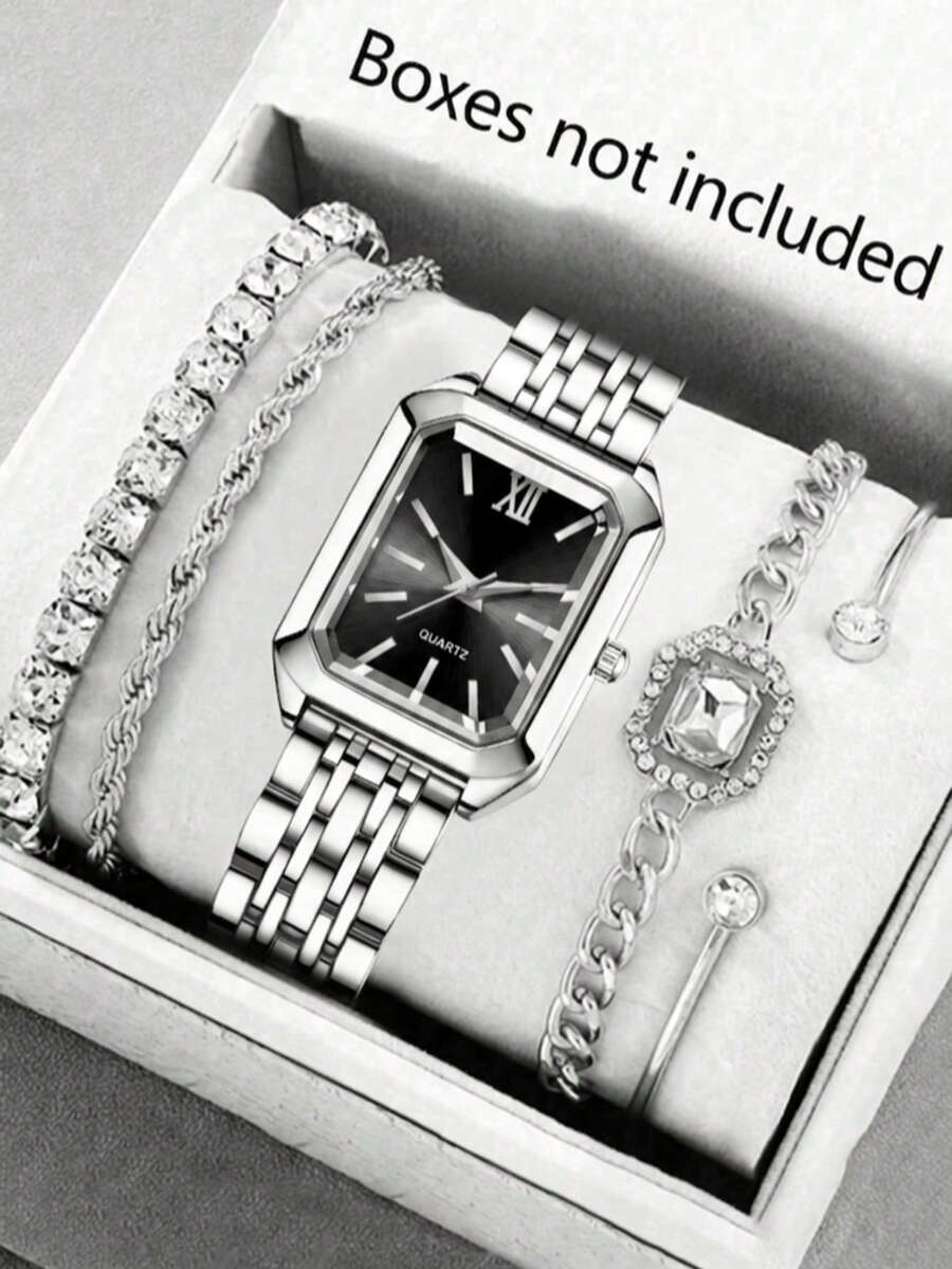 JasonRolls 1/5pcs Set, Women's Watch, Fashion Minimalist Square Dial Alloy Quartz Watch, Paired With Bracelet Set, Suitable For Daily Wear, Great Gift For Holidays - Silver - View 1
