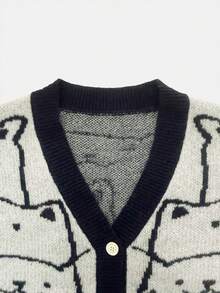 Women's V-Neck Contrast Color Cat Jacquard Loose Casual Cardigan Sweater With Side Pockets, Autumn/Winter - Multicolor - View 6