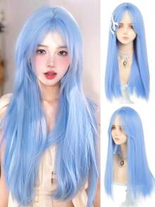24 Inch Long Straight Blue Cosplay Wig For Women Heat Resistant Synthetic Fiber Wigs With Bangs Cosplay Lolita Anime Halloween Christmas Party Wig Wear - Multicolor - View 3