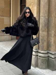 Women's Stretch Waist Poplin Long Flared Skirt - Black - View 7