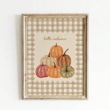 1pc Frameless Hello Fall Plaid Canvas Poster, Cozy Neutral Autumn Wall Art Decor For Kitchen, Bedroom, Dorm Essentials, Funky Vintage Prints For Back To School, College Room - Pumpkin - View 1