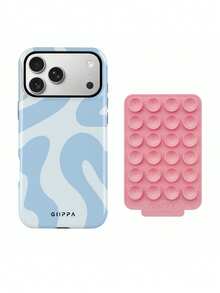 GIIPPA 1組不對稱波浪圖案淺藍色手機殼 + 粉色吸盤，相容 iPhone 17 Pro Max、16 Pro Max、15 Pro Max、14 Pro Max，韓系時尚趣味手機殼，相容 iPhone 11/12/13/14/15/16 Pro Max Plus，優雅設計男女皆宜，適合聖誕節、情人節、復活節、婚禮季與生日送給女友的理想禮物 - 淺藍色 - 查看 3