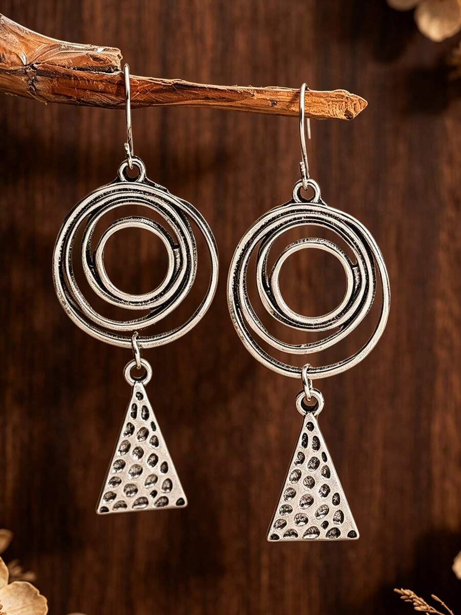 Vintage Multi-Layer Spiral Hoop Earrings, Bohemian Hammered Triangle Alloy Earrings - Silver - View 1