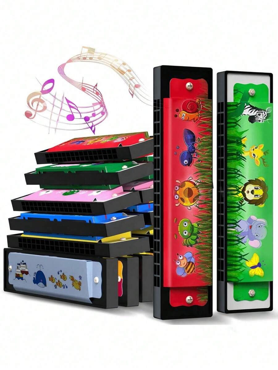 Random Color 1/6/12pcs Cartoon Double-Row Harmonica, Portable Beginner Musical Instrument, Random Color, Birthday, Valentine's Day, Back To School And Graduation Party Filler Gifts, Suitable For Halloween, Christmas - Multicolor - View 1